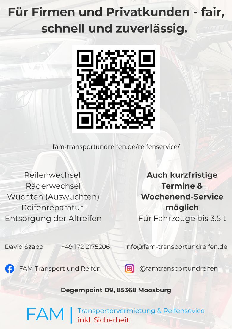 Service-Flyer für FAM Transport & Reifen
